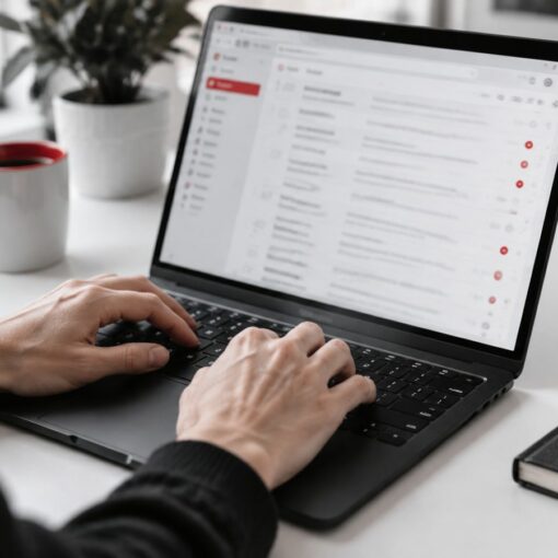 Manos escribiendo en un portátil con la bandeja de entrada de correo abierta, con detalles en rojo