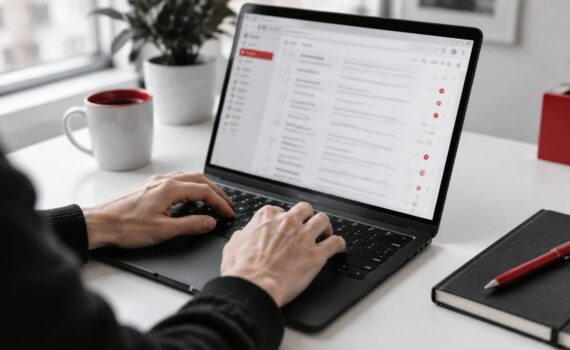 Manos escribiendo en un portátil con la bandeja de entrada de correo abierta, con detalles en rojo