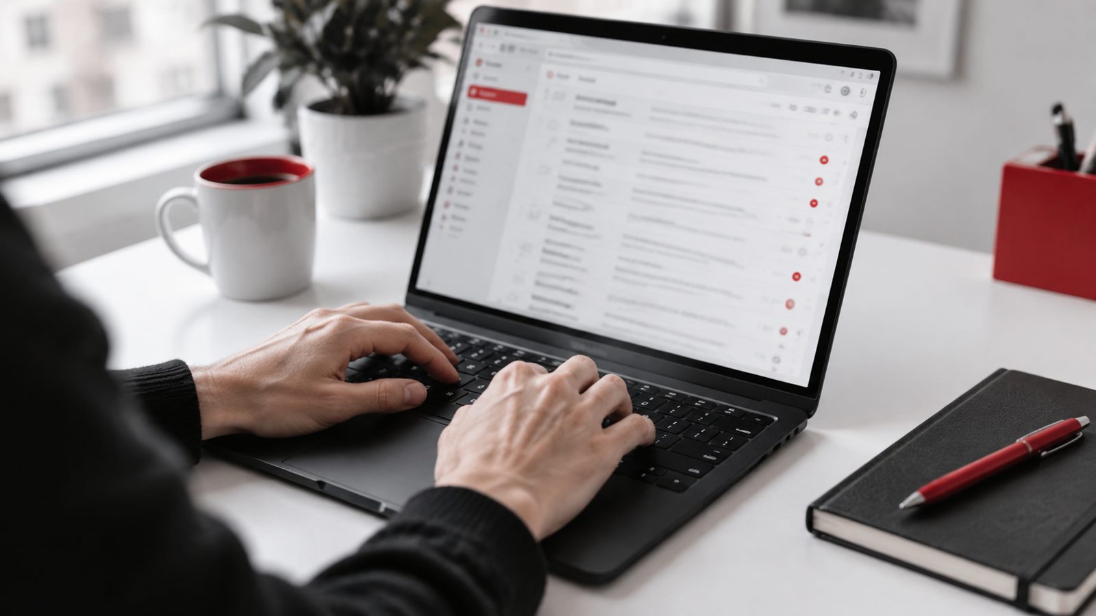 Manos escribiendo en un portátil con la bandeja de entrada de correo abierta, con detalles en rojo
