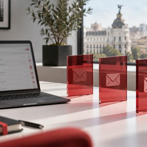 Paneles rojos con sobres junto a un portátil, imagen conceptual de la autenticación del email.