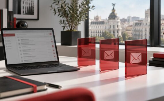 Paneles rojos con sobres junto a un portátil, imagen conceptual de la autenticación del email.