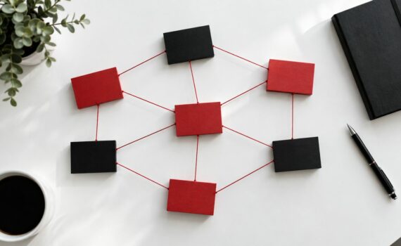 Tarjetas rojas y negras unidas por hilos rojos formando una red de afiliación sobre una mesa blanca