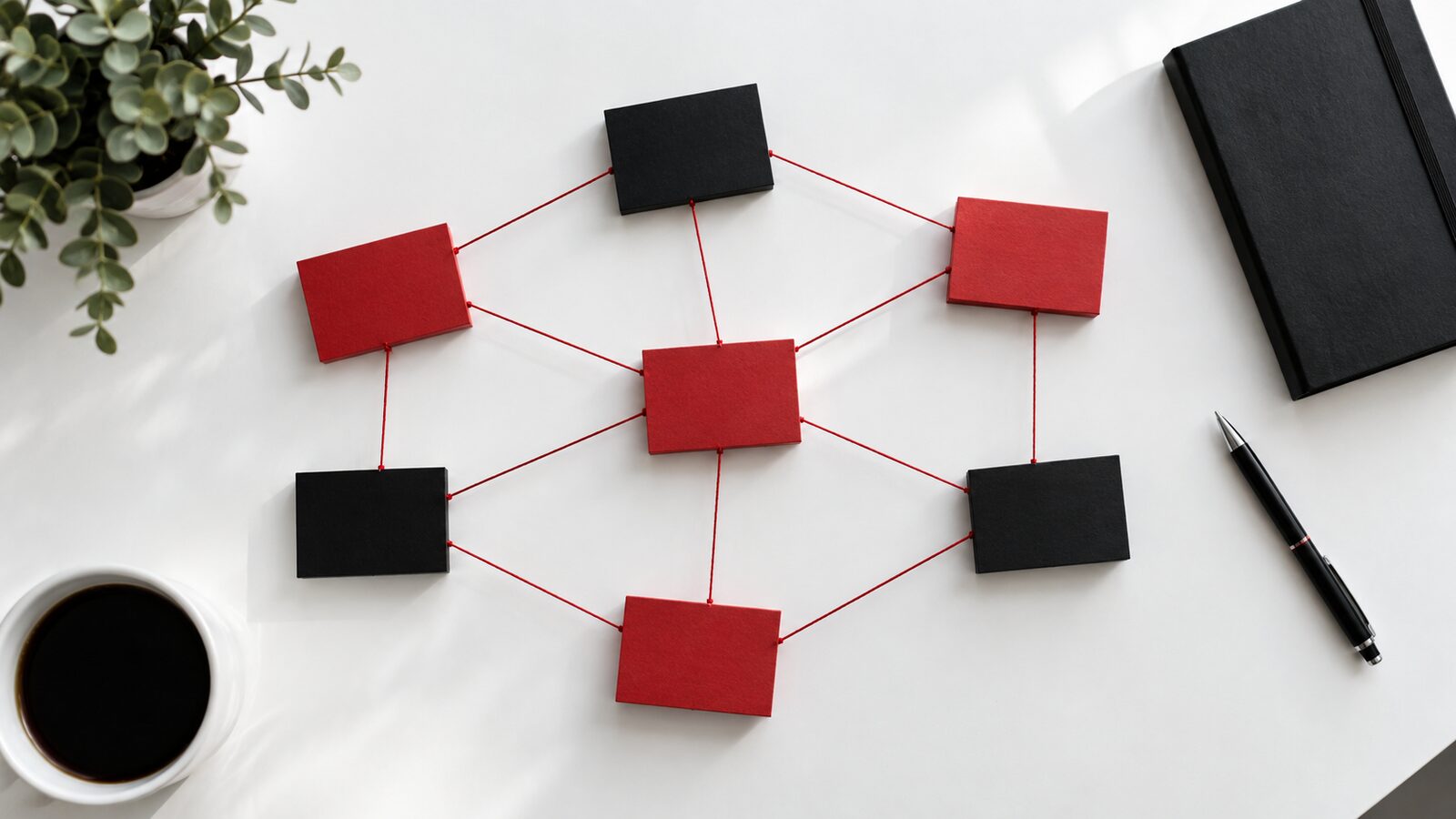 Tarjetas rojas y negras unidas por hilos rojos formando una red de afiliación sobre una mesa blanca