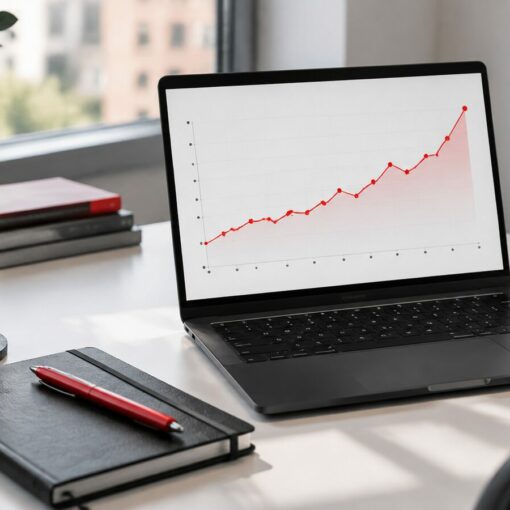 Escritorio de marketing con un portátil que muestra una gráfica de resultados en rojo ascendente