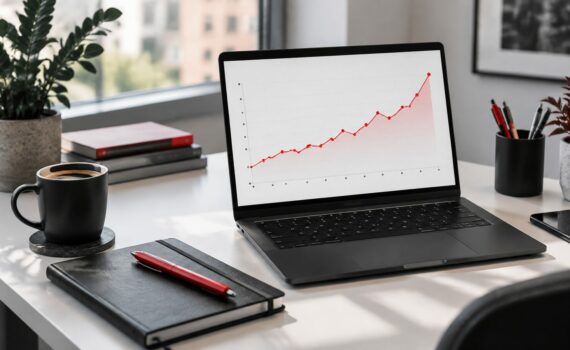 Escritorio de marketing con un portátil que muestra una gráfica de resultados en rojo ascendente