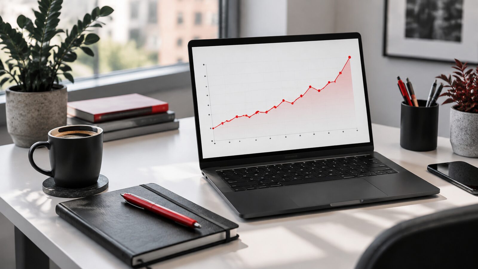 Escritorio de marketing con un portátil que muestra una gráfica de resultados en rojo ascendente