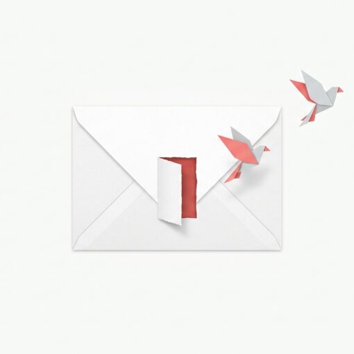 Ilustración de un sobre con una pequeña puerta abierta por la que sale volando un pájaro de papel, metáfora de la baja en un clic