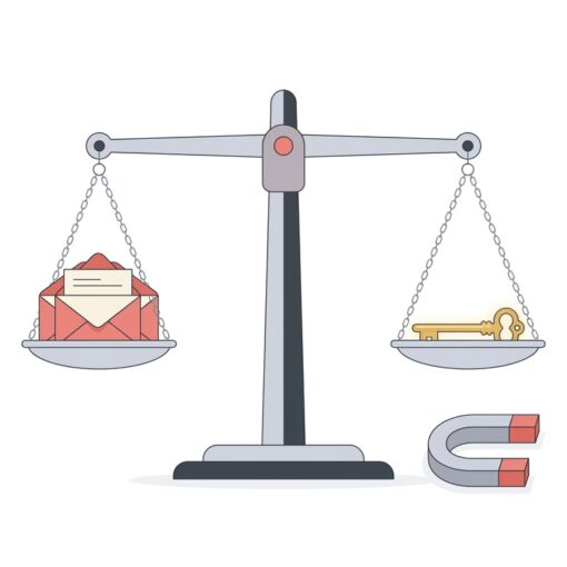 Ilustración de una balanza con sobres en un platillo y una llave dorada en el otro, metáfora del equilibrio entre coste por lead y valor del cliente
