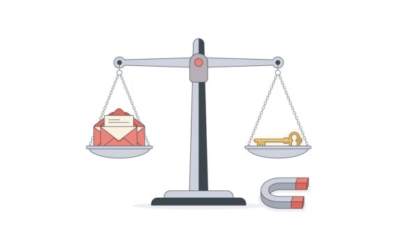 Ilustración de una balanza con sobres en un platillo y una llave dorada en el otro, metáfora del equilibrio entre coste por lead y valor del cliente