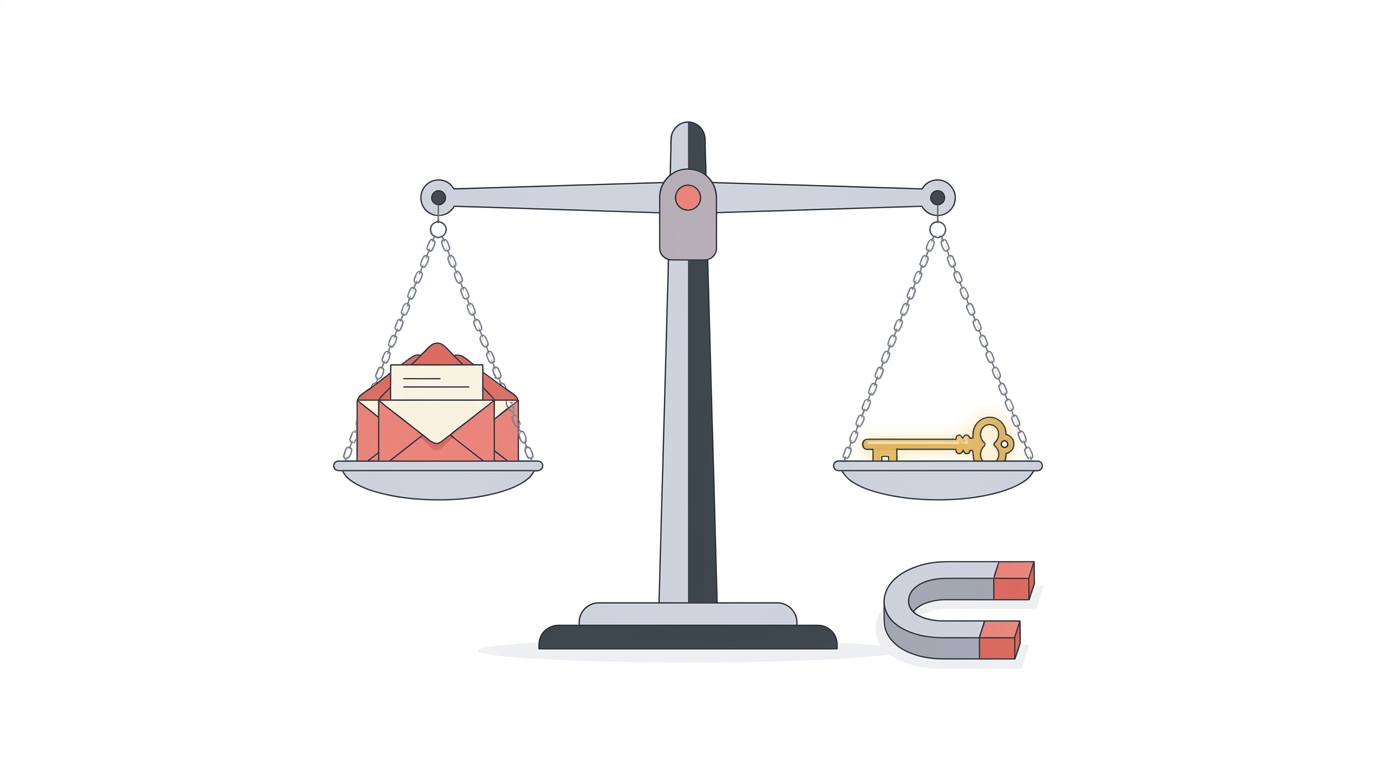 Ilustración de una balanza con sobres en un platillo y una llave dorada en el otro, metáfora del equilibrio entre coste por lead y valor del cliente