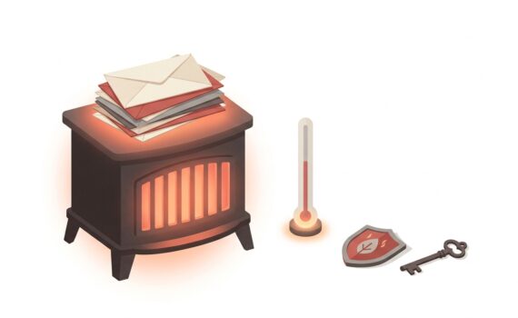 Ilustración de sobres calentándose sobre un pequeño fogón junto a un termómetro, metáfora de calentar una IP de envío