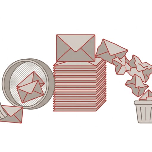 Ilustración de sobres ordenados con una escoba y un tamiz mientras los sobres arrugados caen a una papelera, metáfora de limpiar una lista de email