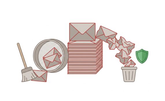 Ilustración de sobres ordenados con una escoba y un tamiz mientras los sobres arrugados caen a una papelera, metáfora de limpiar una lista de email