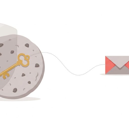Ilustración de una galleta con una llave dorada unida por un camino punteado a un sobre, con un reloj de arena y un escudo, metáfora de la duración y protección de las cookies de afiliación