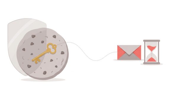 Ilustración de una galleta con una llave dorada unida por un camino punteado a un sobre, con un reloj de arena y un escudo, metáfora de la duración y protección de las cookies de afiliación