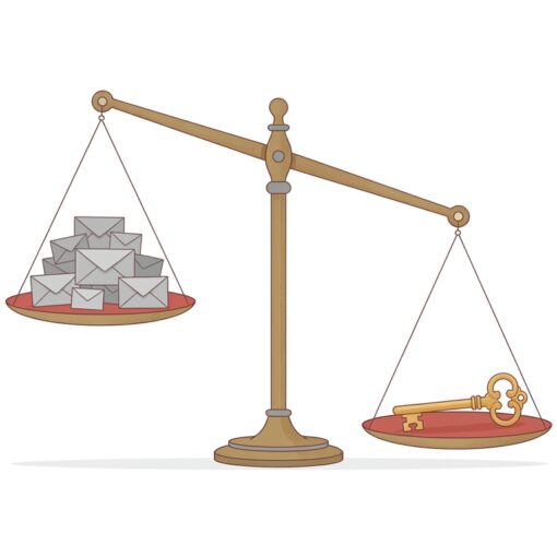 Ilustración de una balanza con muchos sobres grises a un lado y una llave dorada más pesada al otro, metáfora de que importa el coste por cliente y no el volumen de leads