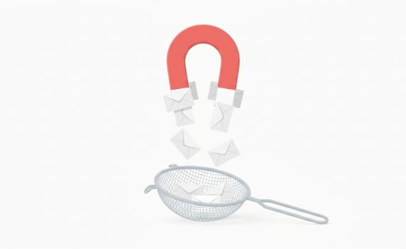 Ilustración de un imán que atrae sobres y un tamiz que deja pasar solo los válidos, metáfora de un formulario de captación de leads