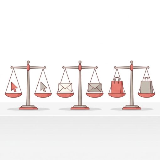 Ilustración de cinco balanzas con objetos simbólicos distintos, metáfora de los modelos de comisión en afiliación