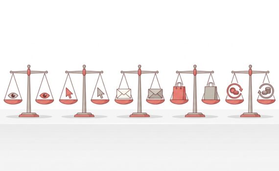 Ilustración de cinco balanzas con objetos simbólicos distintos, metáfora de los modelos de comisión en afiliación