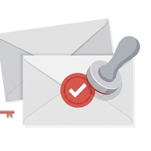 Ilustración de un sobre recibiendo un sello de confirmación junto a una llave, metáfora del doble opt-in en email marketing