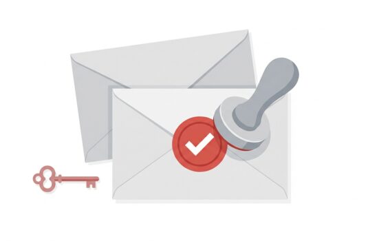 Ilustración de un sobre recibiendo un sello de confirmación junto a una llave, metáfora del doble opt-in en email marketing