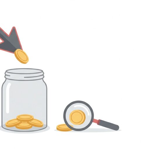 Ilustración de un cursor que deja caer una moneda dorada en un bote de cristal junto a una lupa, metáfora de las ganancias por clic (EPC) en afiliación