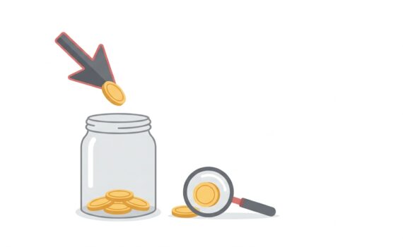 Ilustración de un cursor que deja caer una moneda dorada en un bote de cristal junto a una lupa, metáfora de las ganancias por clic (EPC) en afiliación