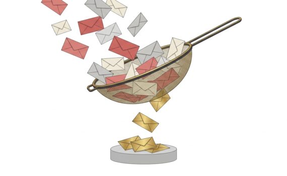 Ilustración de sobres pasando por un tamiz donde solo algunos dorados llegan al final, metáfora de la cualificación de leads