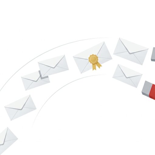 Ilustración de sobres siguiendo un camino hacia un imán rojo, uno con un sello dorado, metáfora del sponsoring en newsletters para captar clientes