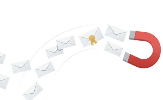 Ilustración de sobres siguiendo un camino hacia un imán rojo, uno con un sello dorado, metáfora del sponsoring en newsletters para captar clientes