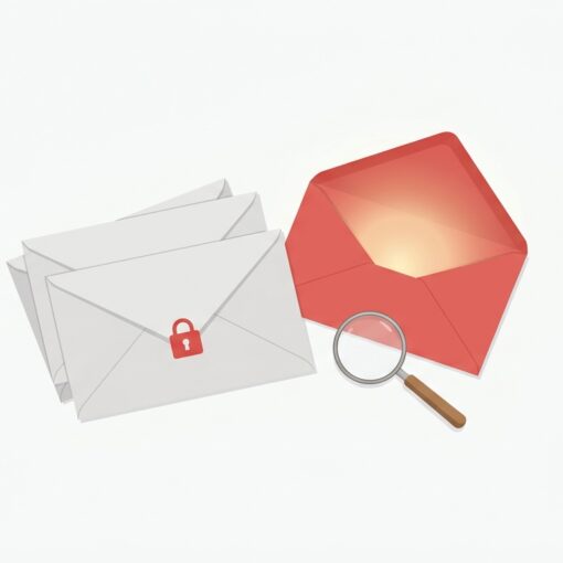 Ilustración de sobres cerrados y uno abierto junto a una lupa, metáfora de medir la tasa de apertura en email marketing