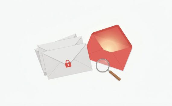 Ilustración de sobres cerrados y uno abierto junto a una lupa, metáfora de medir la tasa de apertura en email marketing