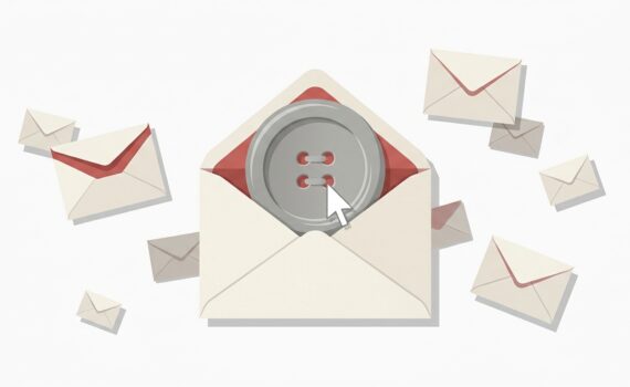 Ilustración de un sobre abierto del que sale un botón señalado por un cursor, metáfora de la tasa de clics en email marketing