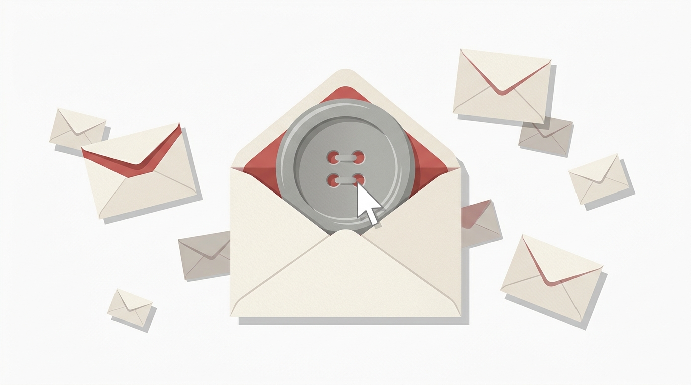Ilustración de un sobre abierto del que sale un botón señalado por un cursor, metáfora de la tasa de clics en email marketing